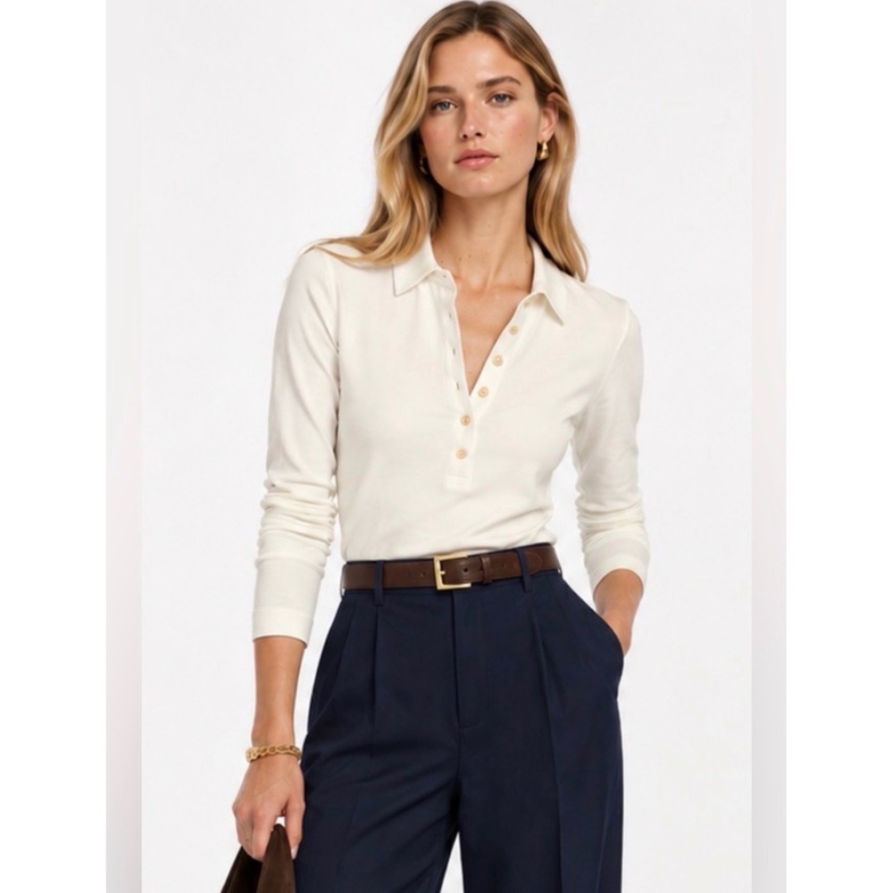 J.Crew | 2024 Rib Long-Sleeve Polo Shirt L Ivory White Refined Knit CF039